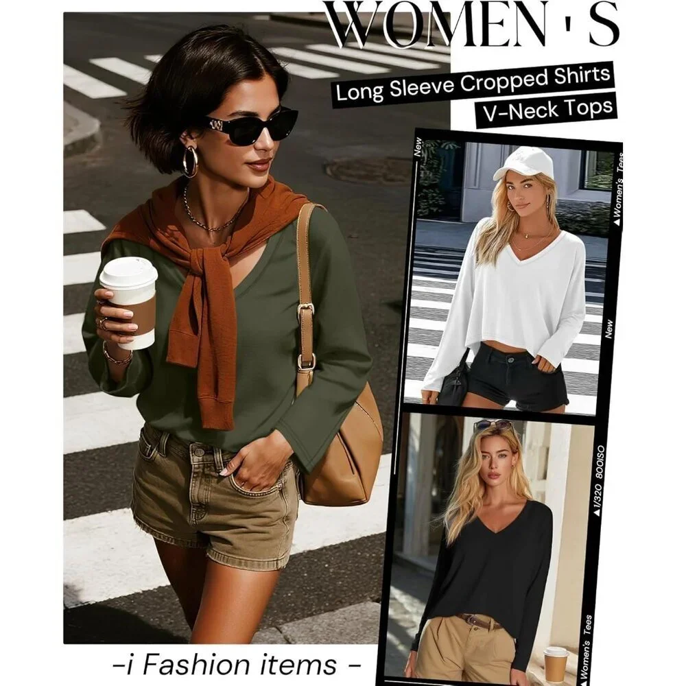 Women's Cropped Long Sleeve Top Set V Neck Irregular Hem Casual Fall